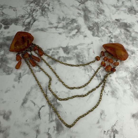 Vintage Art Deco Baltic Amber Collar Pin Brooch Dangle Beds Chain Gold Tone - Picture 1 of 7